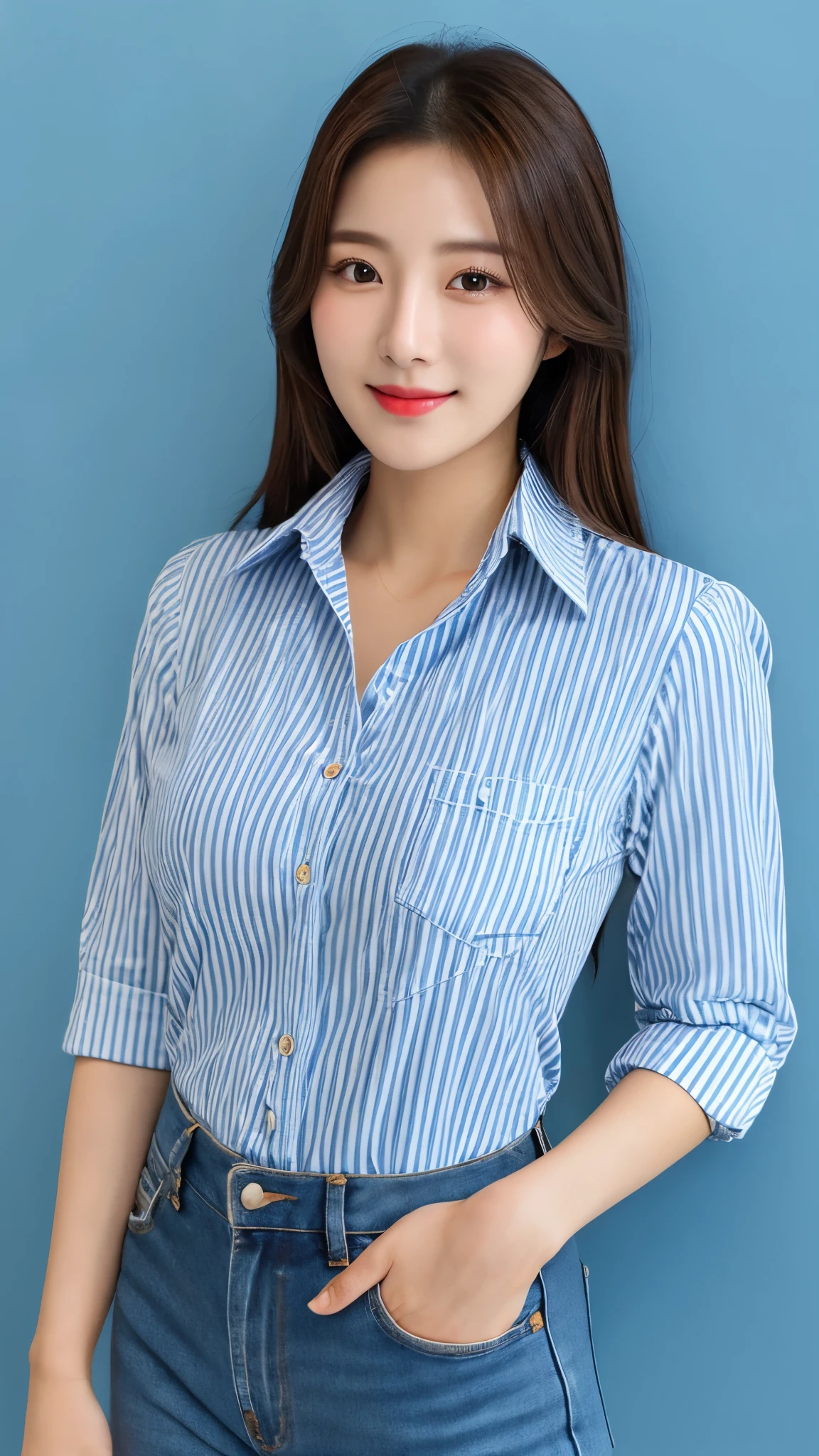 close-up of beautiful korean female, 34 inch breasts size, wearing rolled sleeves striped ong sleeve shirt, jeans pants, scarf, saloon is background, UHD