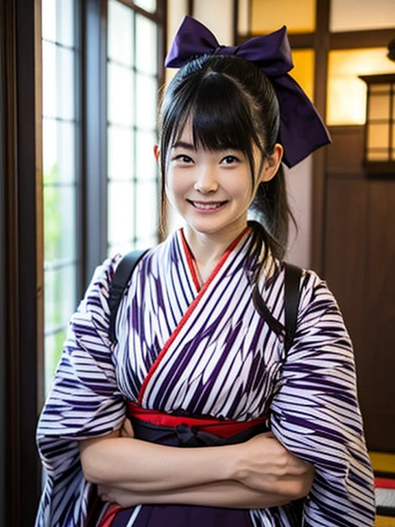 Ticker, One girl, alone, (yagasuri), kimono, indoor, skirt, 同じく skirt, Realistic, kimono, Black Hair, ponytail, smile, Happy, Cute Japanese Girl , boots, Cross-laced shoes, lace-up boots, Meiji era uniform, tasuki, ribbon, hair ribbon, Purple, ((close-up)),
