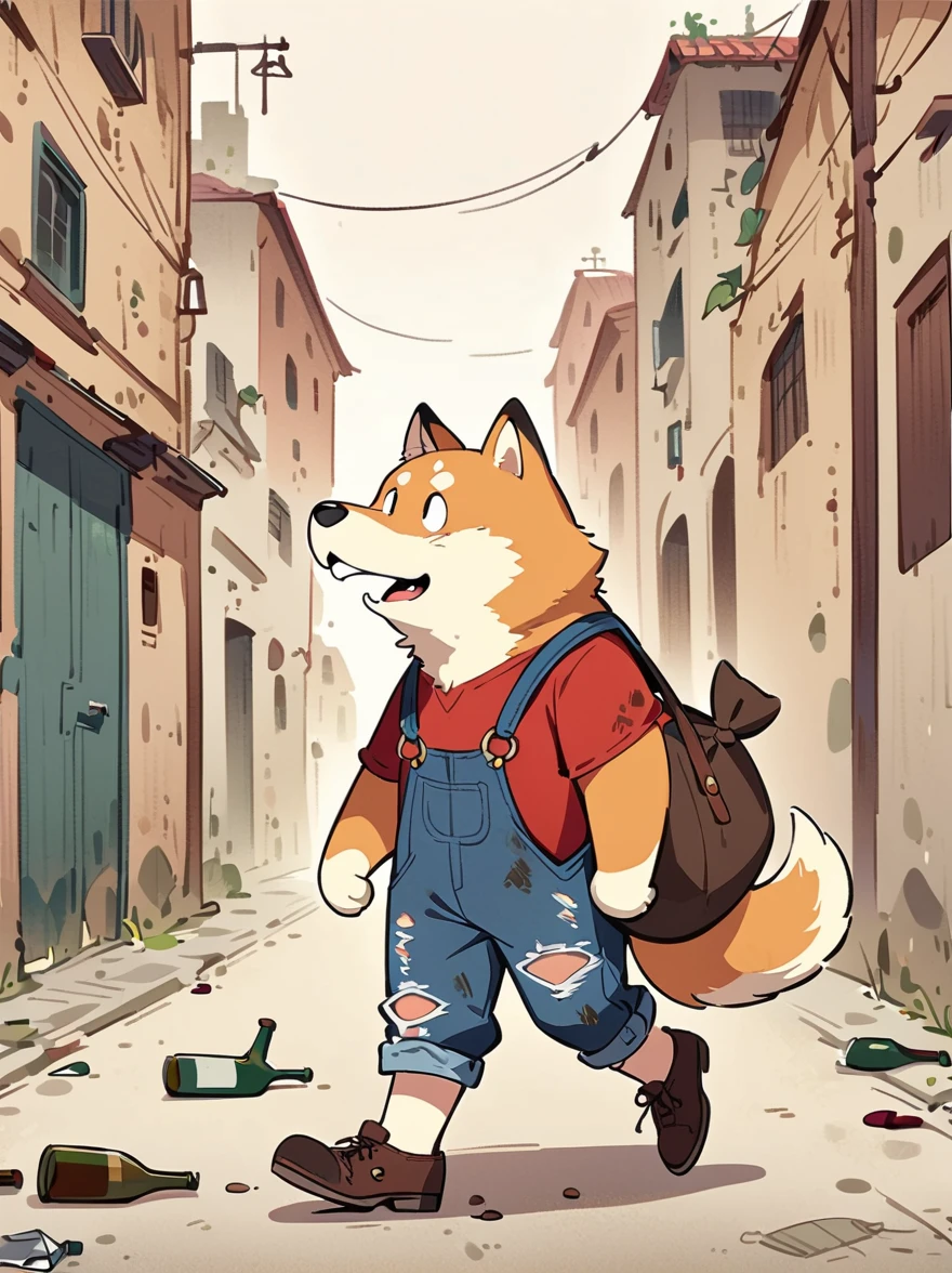 Cartoon illustration，Simple，Depicts an anthropomorphic Shiba Inu，dirty，Dull eyes，Listless，Malaise，decadent，Exaggerated expression，Loose fit ripped denim overalls，Red top，Worn leather shoes，Carrying a large bag，Walking on the deserted streets，There are lots of broken bottles around，dirty的环境，Correct human anatomy