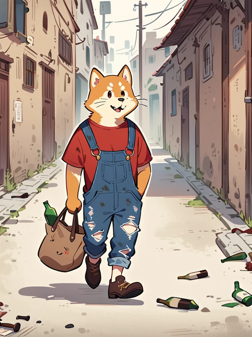 Cartoon illustration，Simple，Depicts an anthropomorphic Shiba Inu，dirty，Dull eyes，Listless，Malaise，decadent，Exaggerated expression，Loose fit ripped denim overalls，Red top，Worn leather shoes，Carrying a large bag，Walking on the deserted streets，There are lots of broken bottles around，dirty的环境，Correct human anatomy