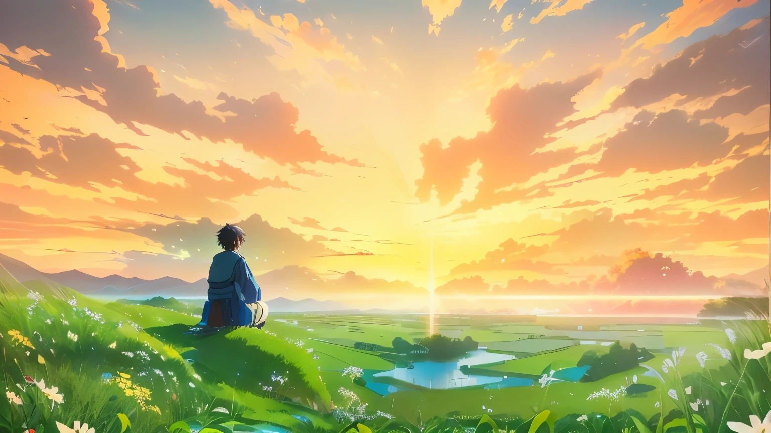 Japanese cartoons, Grass地坐这疑问少年,Rising Sun, Flowers, Grass, water, Japanese cartoons beautiful peace scene, Japanese cartoons movie background, Shinkai Makoto工作室, Shinkai Makoto 西里尔·罗兰多, colorful Japanese cartoons movie background, Japanese cartoons landscape wallpaper, brave. author:Shinkai Makoto, author:Shinkai Makoto, author:Shinkai Makoto, 4k Japanese cartoons wallpaper