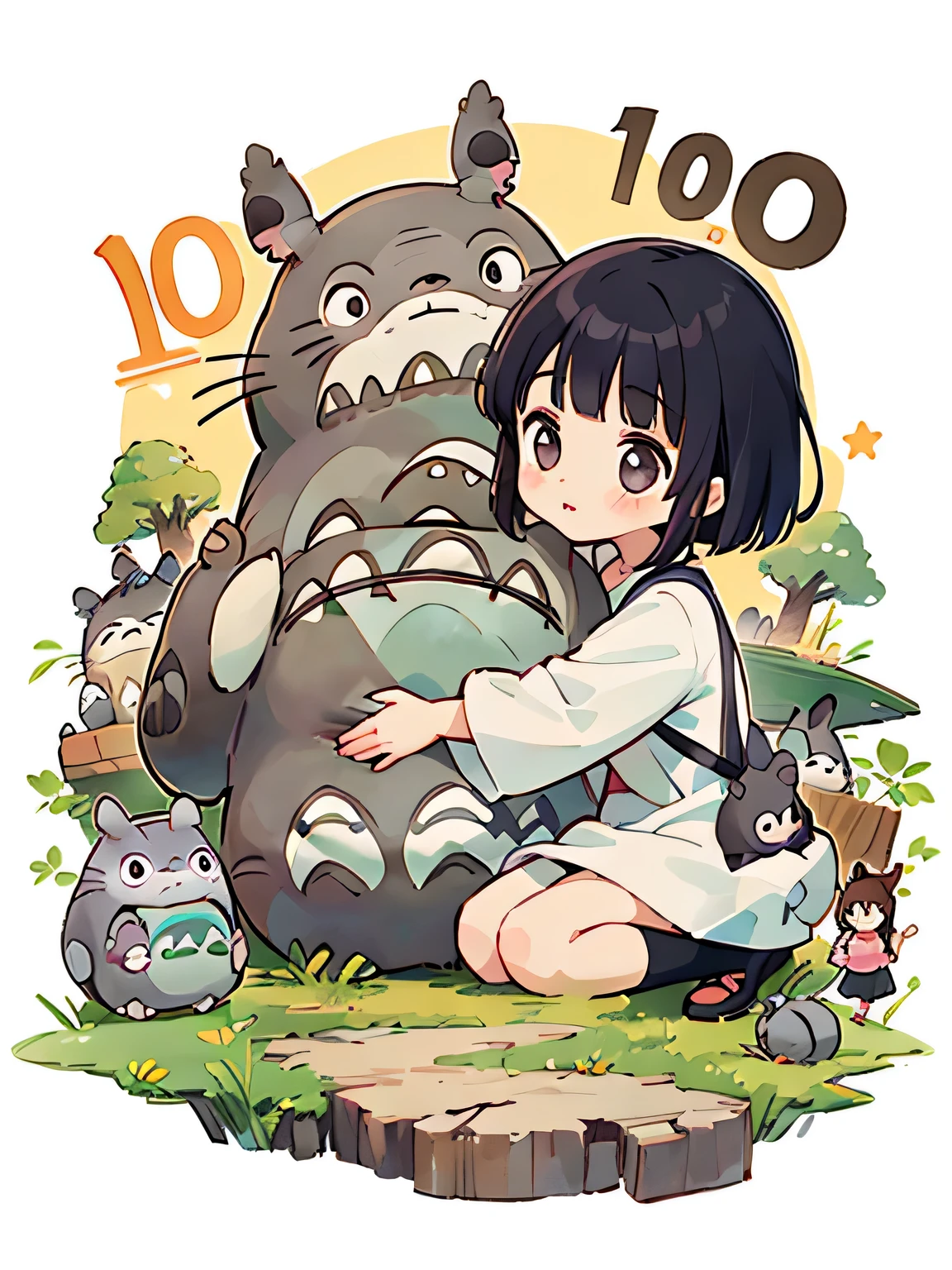 hayao miyazaki style, Kawaii Design, (((10 people)))、most beautiful girl ever、Chibi, Colorful bob hair、(((hug)))、((Lots of friends))、(((Cute Totoro)))、Totoro Forest
