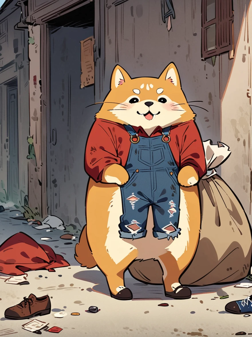 Creates a very pitiful anthropomorphic Shiba Inu image，Wearing a very tattered red linen shirt and denim overalls，There are even more tattered cloth shoes，Carrying a huge sack on his back，Higher than myself，This Shiba Inu is standing in front of a more obvious pile of trash，In the background is a road completely covered with garbage，Depicts a significantly harsher environment。This scene reinforces the contrast between the innocence of the characters and the severity of their surroundings，Emphasizing the dire conditions。