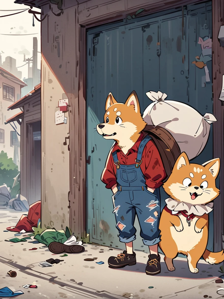 Creates a very pitiful anthropomorphic Shiba Inu image，Wearing a very tattered red linen shirt and denim overalls，There are even more tattered cloth shoes，Carrying a huge sack on his back，Higher than myself，This Shiba Inu is standing in front of a more obvious pile of trash，In the background is a road completely covered with garbage，Depicts a significantly harsher environment。This scene reinforces the contrast between the innocence of the characters and the severity of their surroundings，Emphasizing the dire conditions。