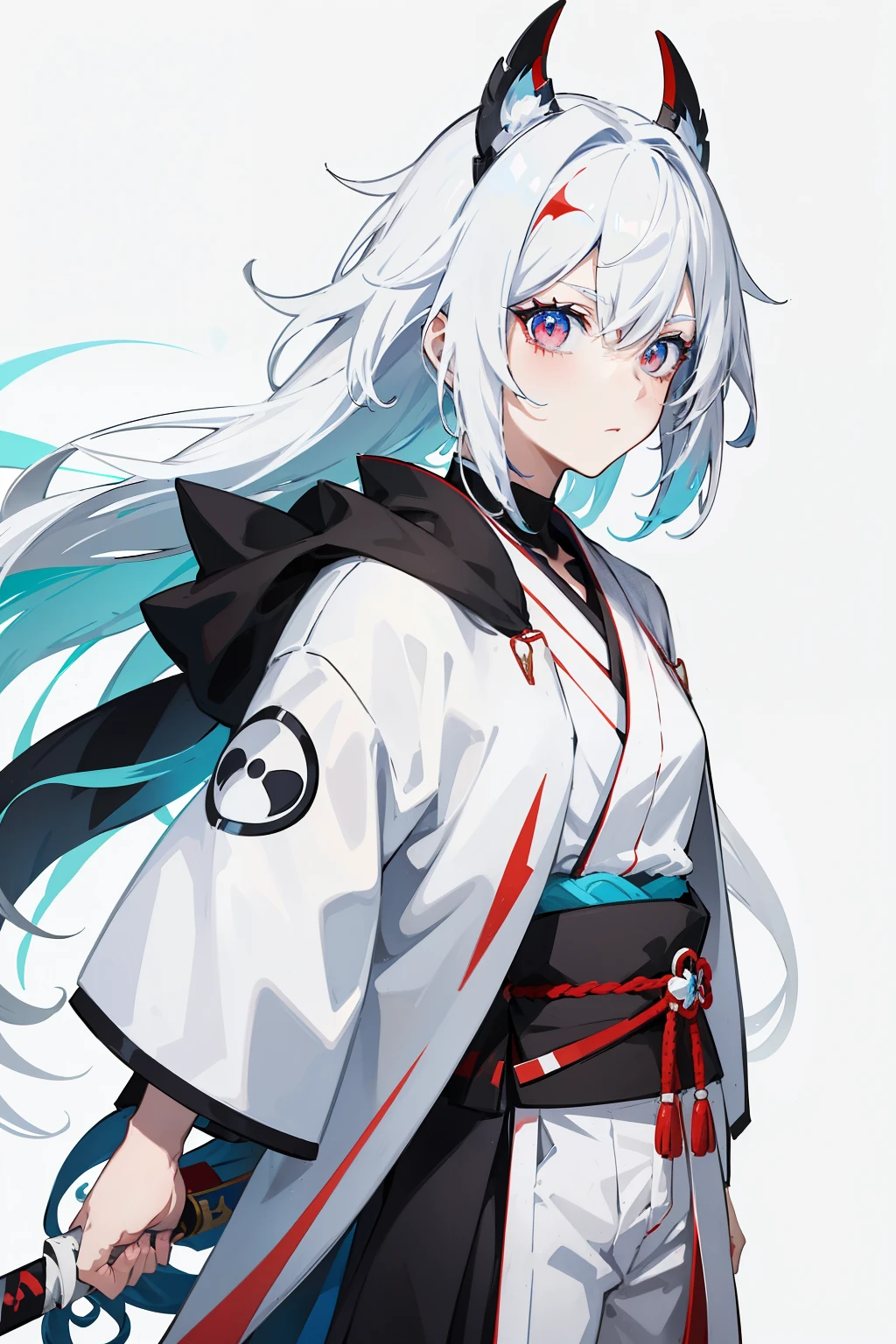 Create an anime avatar with white hair with the left eye being red and the right eye blue, kimonos, one side blue and the other white, black pants and a white katana with fire around it and king and water and stone