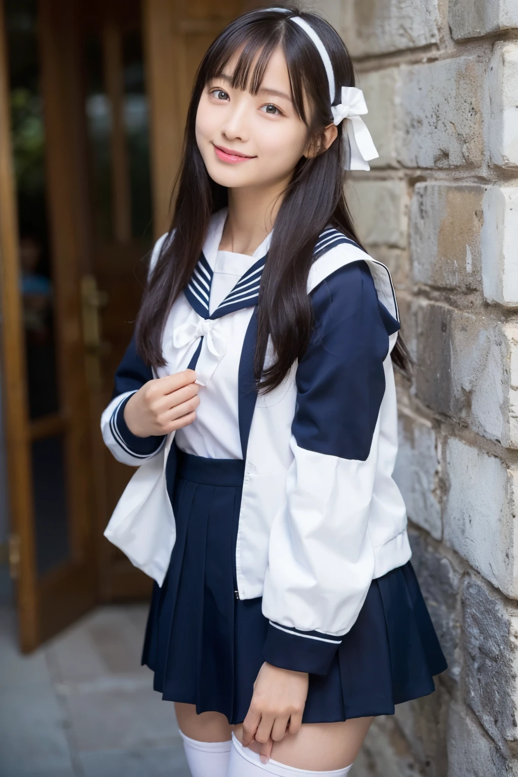 Body eight times longer than head, (High quality CG Unity 8k), (highest quality)，(Very detailed)，(Ultra-high resolution), Black Hair, Sailor suit, Navy blue sailor suit, High school girl wearing a sailor suit, Dark Blue Skirt, Anime 2D Rendering, Realistic youth , ((White headband)), Small ???????, expensive, Slanted Eyes, (School Scene), Black Stockings, Daytime, Please open your mouth a little, smile, Straight hair, Long Hair, Detailed view of the face, Small face, 