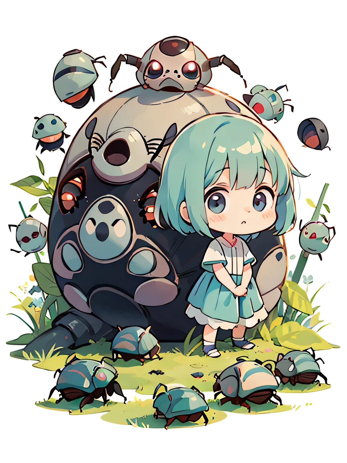 hayao miyazaki style, Kawaii Design, (((10 people)))、most beautiful girl ever、Chibi, Colorful bob hair、((Lots of friends))、(((Cute pillbug)))、Totoro Forest