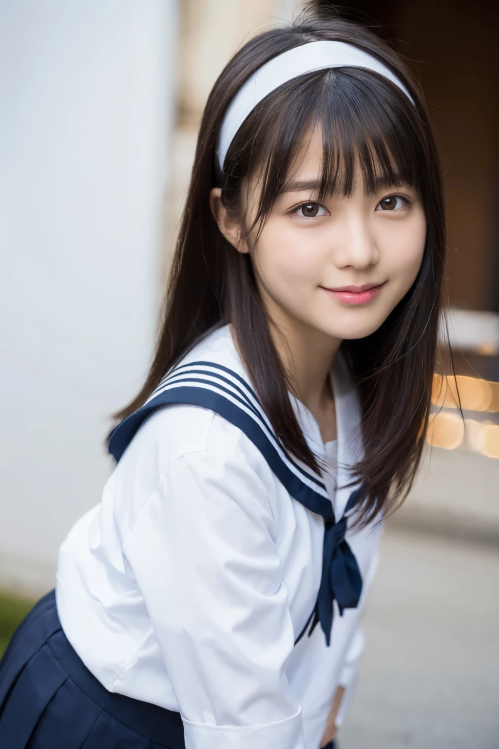 Body eight times longer than head, (High quality CG Unity 8k), (highest quality)，(Very detailed)，(Ultra-high resolution), Black Hair, Sailor suit, Navy blue sailor suit, High school girl wearing a sailor suit, Dark Blue Skirt, Anime 2D Rendering, Realistic youth , ((White headband)), Small breasts, expensive, Slanted Eyes, (School Scene), Black Stockings, Daytime, Please open your mouth a little, smile, Straight hair, Long Hair, Detailed view of the face, Small face, 