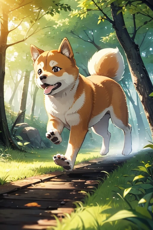 1 Shiba Inu、In the woods on a sunny day、Dog running、Beautiful and detailed background