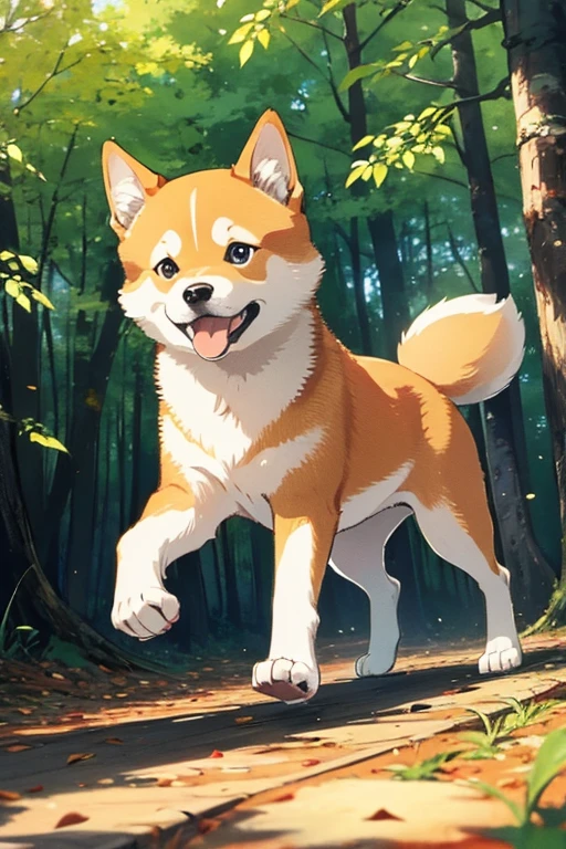 1 Shiba Inu、In the woods on a sunny day、Dog running、Beautiful and detailed background