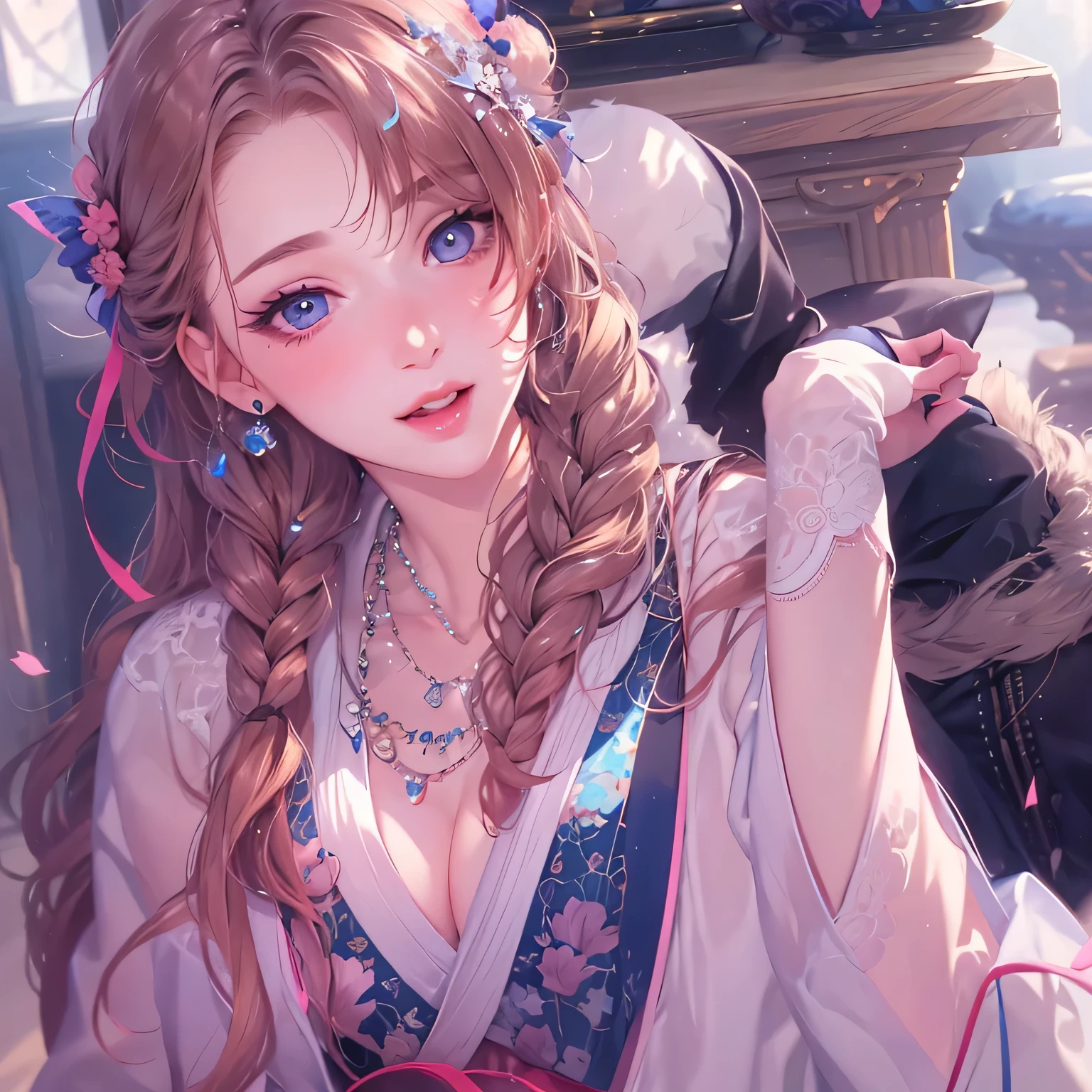 ((highest quality)), ((masterpiece)), (Get used to it), Perfect Face , beautiful girl , chocolate , Medium breast , Long and beautiful hair , Braided hair ,