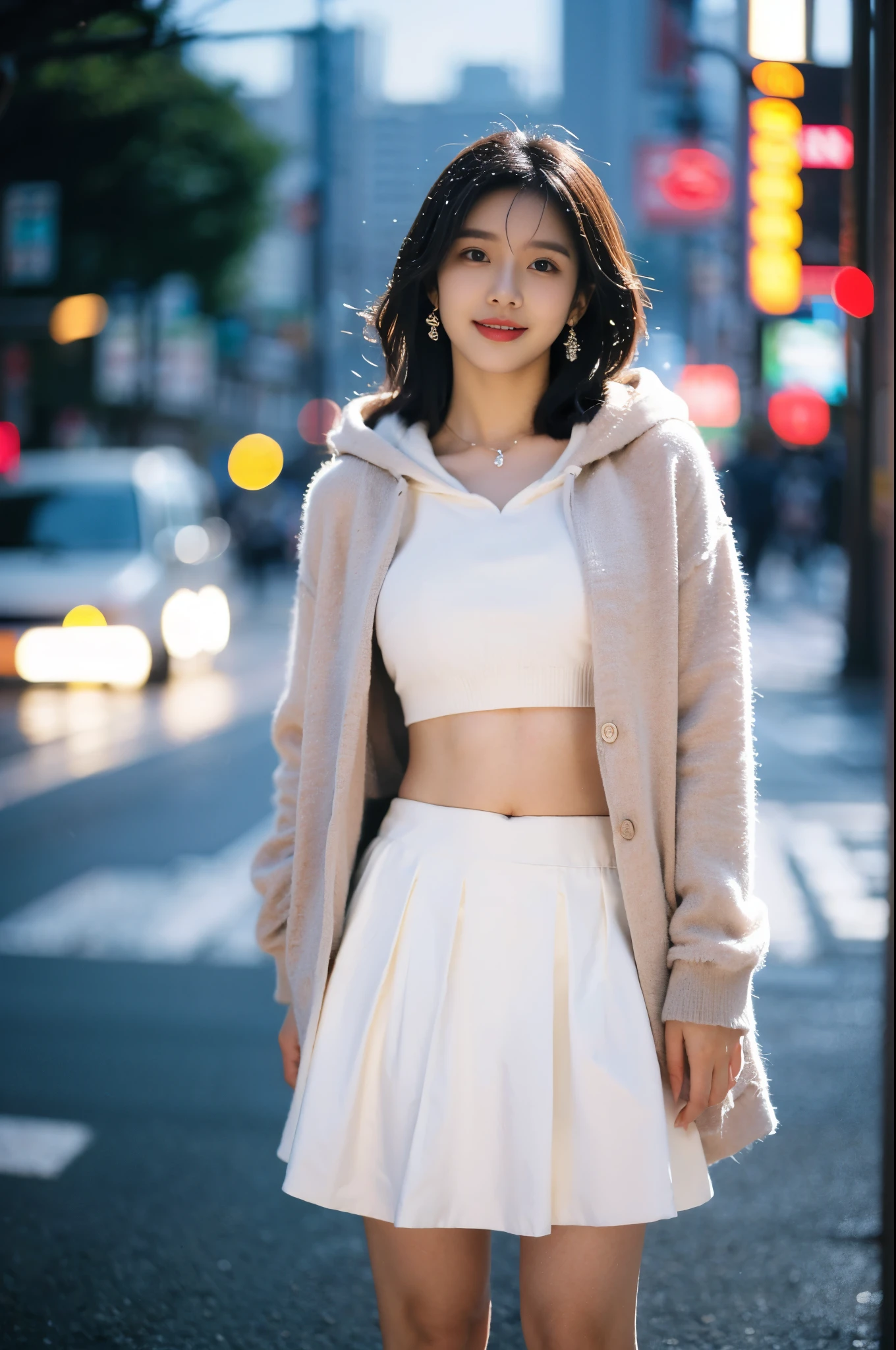 ((8k)),Film Photography, 1 girl, (Hoodies:1.2), (Short skirt), thigh, navel,necklace, earrings, seductive smile, Mid-chest, Full body love, Drunk Blush:1.5, Black wavy shoulder-length hair, serene, calm, (Realistic and detailed eyes, Natural skin texture, Realistic facial details), Soft dramatic lighting, Depth of Field, Bokeh, Vivid details, Meticulous attention to detail, Surrealism,20 years old, ((Lift up your own skirt)), (skirt lift), (Underwear , focus), blush, Open lips, View Viewer ,(Clear eyes,Clean nose,Clear lips,White skin),half body shot , Wear a hooded jacket ,(Tokyo Street ,falling snow),