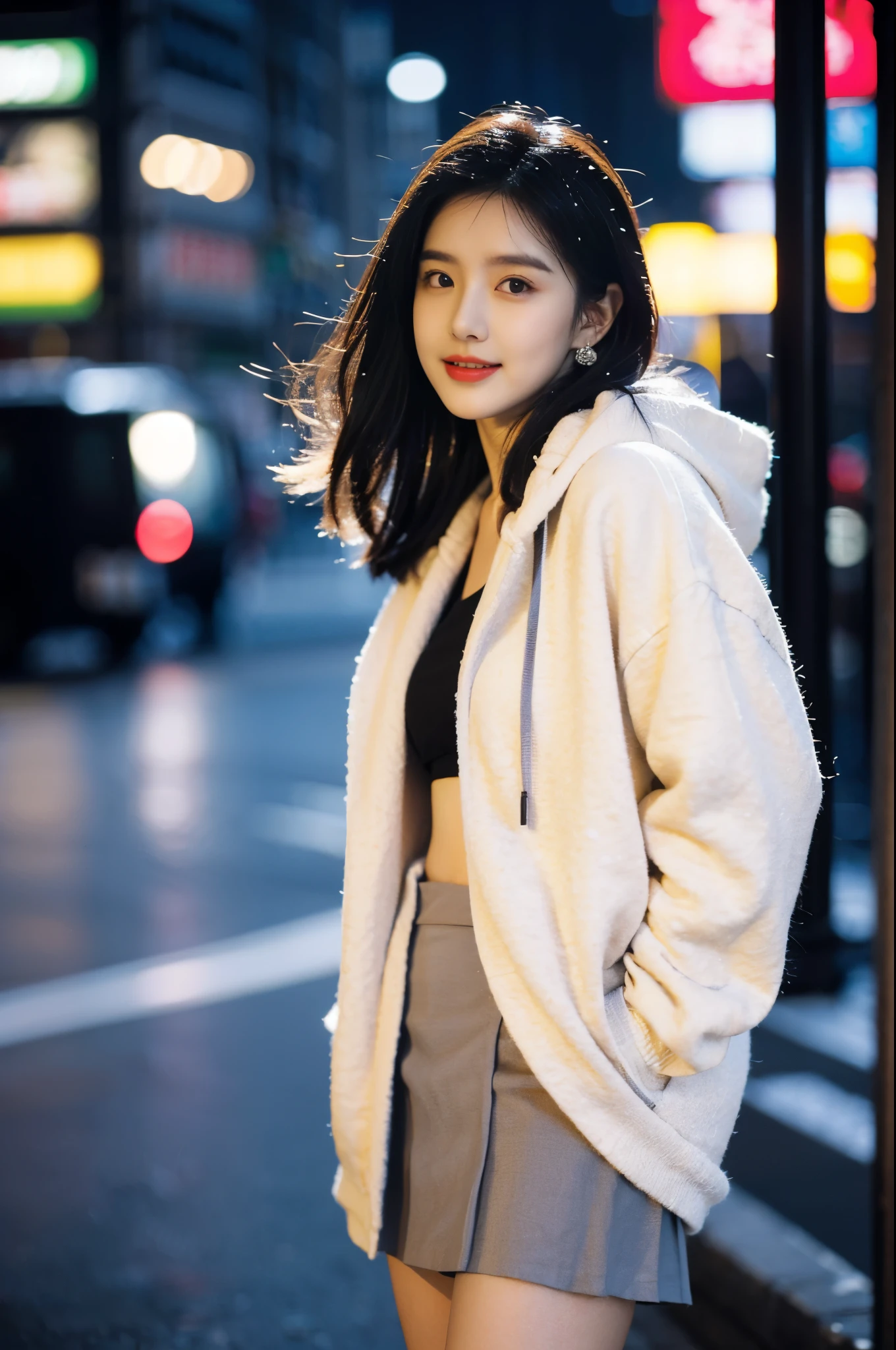 ((8k)),Film Photography, 1 girl, (Hoodies:1.2), (Short skirt), thigh, navel,necklace, earrings, seductive smile, Mid-chest, Full body love, Drunk Blush:1.5, Black wavy shoulder-length hair, serene, calm, (Realistic and detailed eyes, Natural skin texture, Realistic facial details), Soft dramatic lighting, Depth of Field, Bokeh, Vivid details, Meticulous attention to detail, Surrealism,20 years old, ((Lift up your own skirt)), (skirt lift), (Underwear , focus), blush, Open lips, View Viewer ,(Clear eyes,Clean nose,Clear lips,White skin),half body shot , Wear a hooded jacket ,(Tokyo Street ,falling snow),