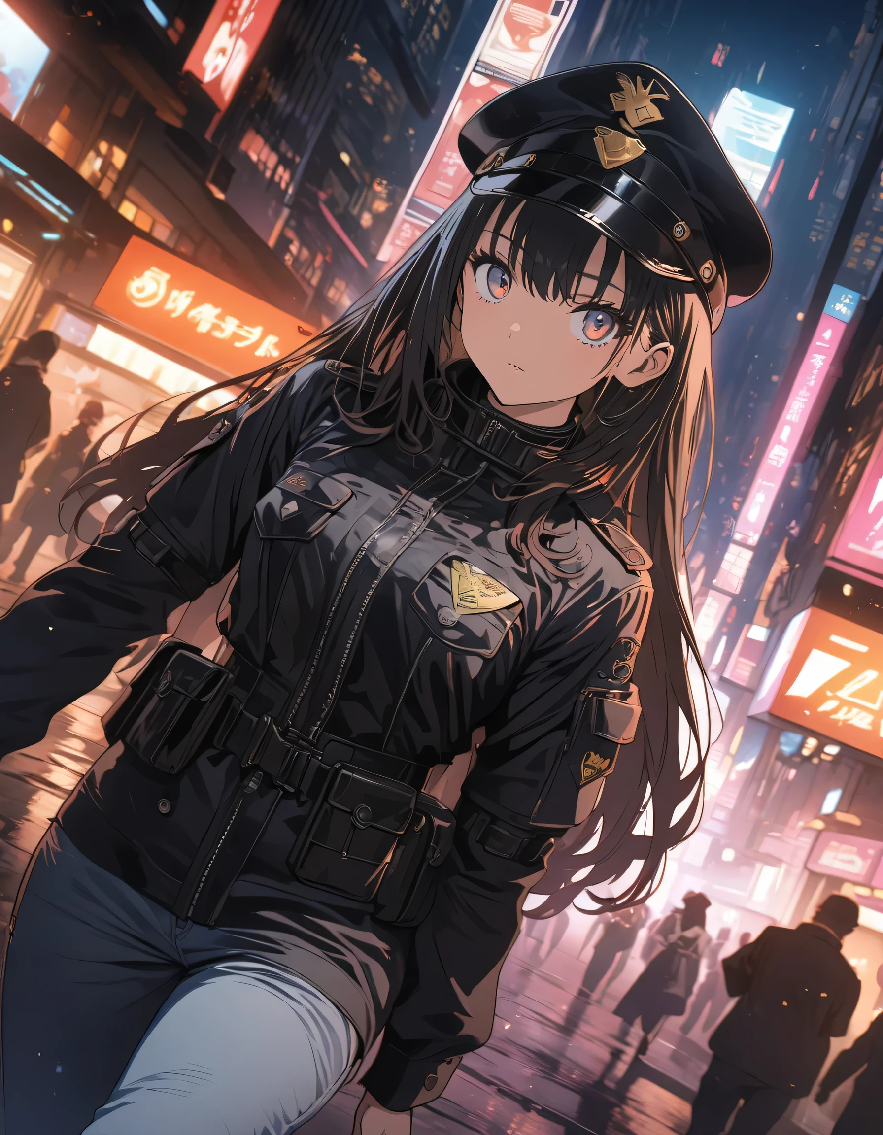 anime style, super fine illustration, highly detailed, dynamic angle, beautiful detailed, 8k, At night, in a cyberpunk cityscape, a female police officer patrols the neon-lit streets. Her footsteps echo against the damp pavement as she keeps a watchful eye on the shadows, ready to enforce justice in this futuristic metropolis.(highest quality、masterpiece、High resolution、detailed)、anime style、Flat Style、(Beautiful Eyes, Delicate and beautiful face, )  、Dynamic Angle、anime