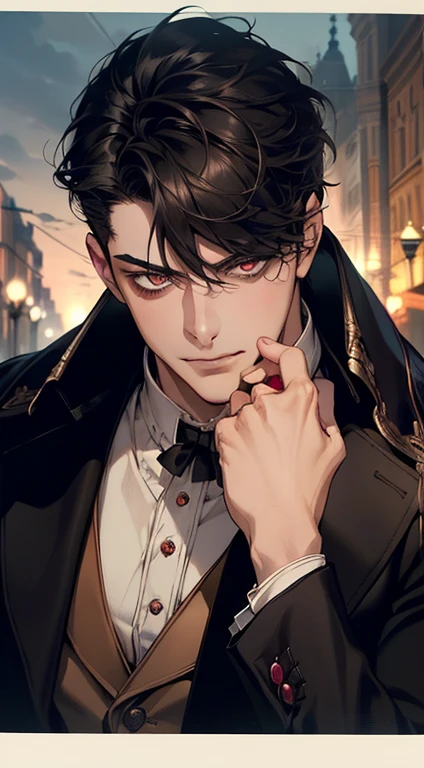 undercucho Close Portrait of Elegant Person [undercucho] in bespoke MAN suit: tall muscular man, classic style, intricate detial baroque, elegant, bright lights, highly detailed, digital painting, artstation, concept art, soft and sharp focus, portrait , illustration, art by wlop, mars ravelo and greg rutkowski (High detail skin: 1.2), 8k uhd, DSLR, soft lighting, high quality, film grain, Fujifilm XT3 mix4, male model, (((1 MAN))) suit, seductive, Florence, Italy background, (((/LOOKING AT THE VIEWER/))) ((((SHORT BLACK HAIR))) (((SHOULDER-LENTH HAIR))) (((RED RUBY EYES))) (((DELIGHTED LOOK))), SMILE, MYSTERIOUS AURA, night, bokeh, depth of field, (upper body: 1.0), best quality, intricate details, detailed eyes, masterpiece, film grain, 1900s, kodakchrome, flashlight, strange smoke around him, MASTERPIECE