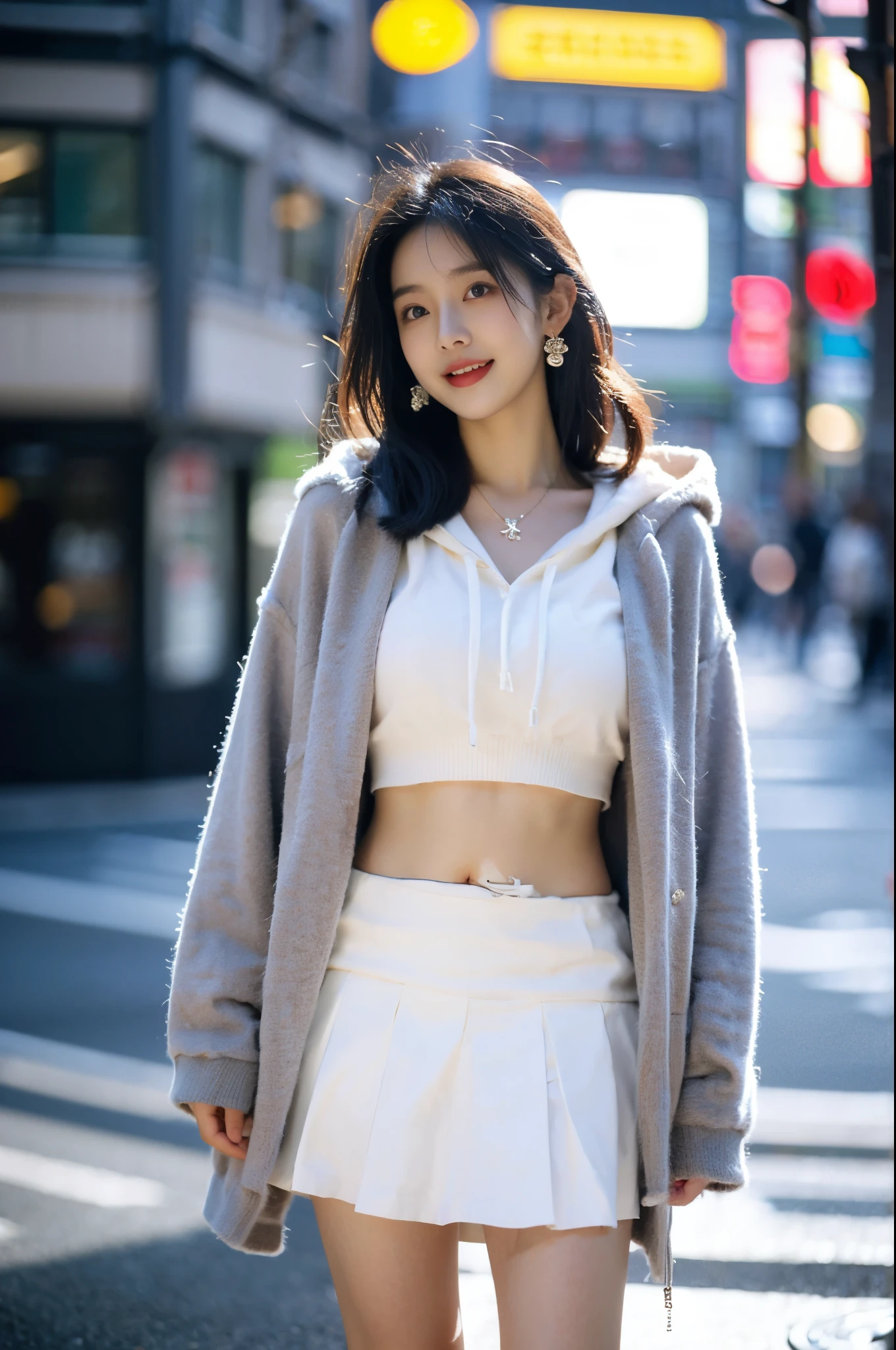 ((8k)),Film Photography, 1 girl, (Hoodies:1.2), (Short skirt), thigh, navel,necklace, earrings, seductive smile, Mid-chest, Full body love, Drunk Blush:1.5, Black wavy shoulder-length hair, serene, calm, (Realistic and detailed eyes, Natural skin texture, Realistic facial details), Soft dramatic lighting, Depth of Field, Bokeh, Vivid details, Meticulous attention to detail, Surrealism,20 years old, ((Lift up your own skirt)), (skirt lift), (Underwear , focus), blush, Open lips, View Viewer ,(Clear eyes,Clean nose,Clear lips,White skin),half body shot , Wear a hooded jacket ,(Tokyo Street ,falling snow),