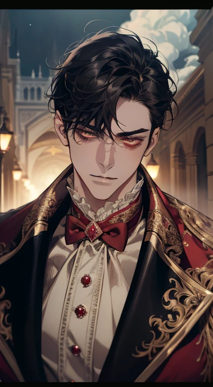 undercucho Close Portrait of Elegant Person [undercucho] in bespoke MAN suit: tall muscular man, classic style, intricate detial baroque, elegant, bright lights, highly detailed, digital painting, artstation, concept art, soft and sharp focus, portrait , illustration, art by wlop, mars ravelo and greg rutkowski (High detail skin: 1.2), 8k uhd, DSLR, soft lighting, high quality, film grain, Fujifilm XT3 mix4, male model, (((1 MAN))) suit, seductive, Florence, Italy background, (((/LOOKING AT THE VIEWER/))) ((((SHORT BLACK HAIR))) (((SHOULDER-LENTH HAIR))) (((RED RUBY EYES))) (((DELIGHTED LOOK))), SMILE, MYSTERIOUS AURA, night, bokeh, depth of field, (upper body: 1.0), best quality, intricate details, detailed eyes, masterpiece, film grain, 1900s, kodakchrome, flashlight, strange smoke around him, MASTERPIECE