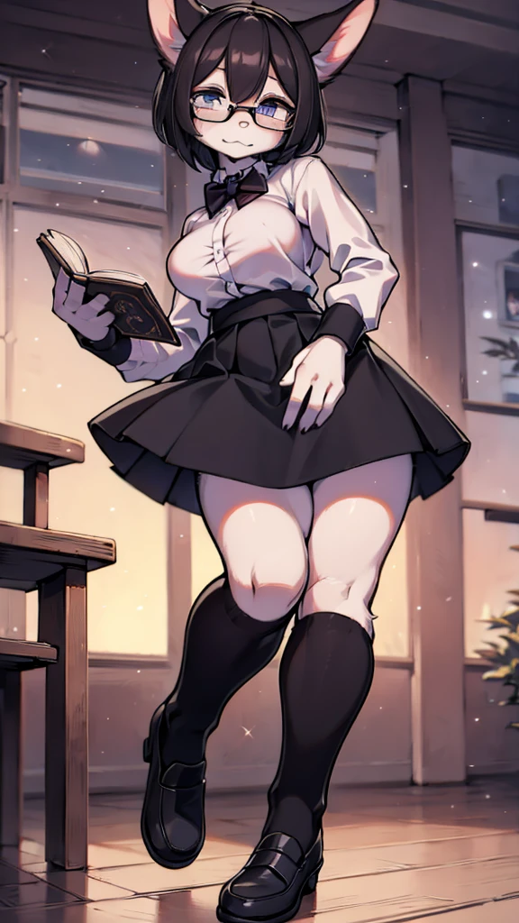 cute女性、Sparkling、blush、Reading a book、Glasses、Black Rabbit、cute、short hair、boyish、Sunset、romantic、Embarrassed、Surprised face、shy、High school girls、White shirt、Black long skirt、Black body、Body covered in black hair、Black Loafers、Troubled face、Detailed Description、high resolution、High quality、Detailed eyes、Detailed body、classroom、