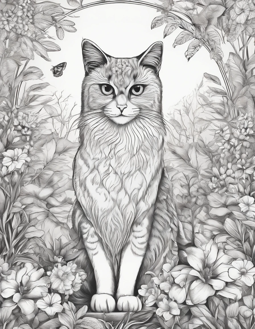Cat & Wild Animals Design Poster, Ultra HD quality, Very delicate, Black and white, Includes coloring page, Dramatic light effect, Dense bush, Natural light, The main character, an owl, is highlighted, Other wildlife surrounds them., Surrounded by flowers and plants, The detailed depictions of the animals are superb, The lens changes focus to match the subject, Hand-drawn illustration effect.Memes