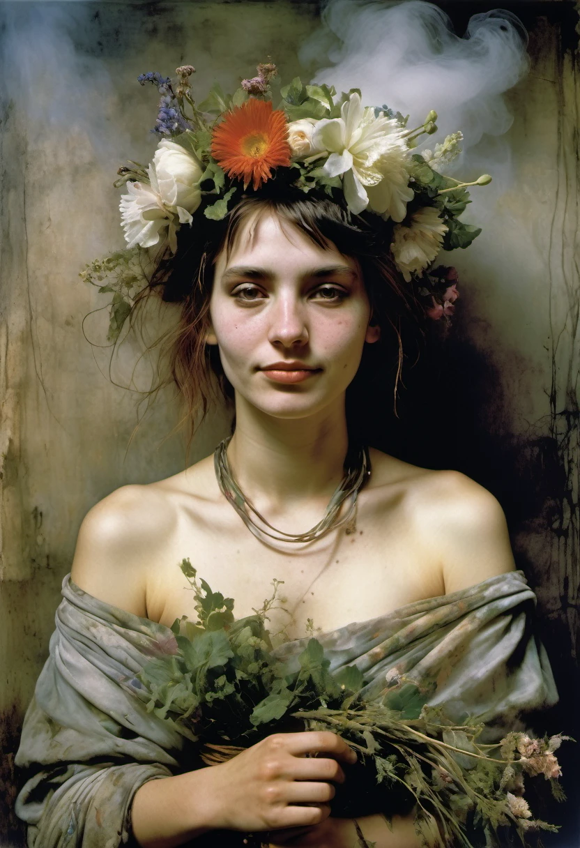 An ultrafine detailed watercolor painting of a gorgeous undead zombie with flowers in her hair, in the style of Alphonse Maria Mucha and Gustav Kilmt, art nouveau accents, (undead zombie:1.2), anthropomorphic female, female figure, detailed cover artwork, as the goddess of the flowers, Alphonse Mucha, Gustav Klimt, pale bluish skin, a marble sculpture, cgsociety, gothic art, art nouveau, behance contest winner