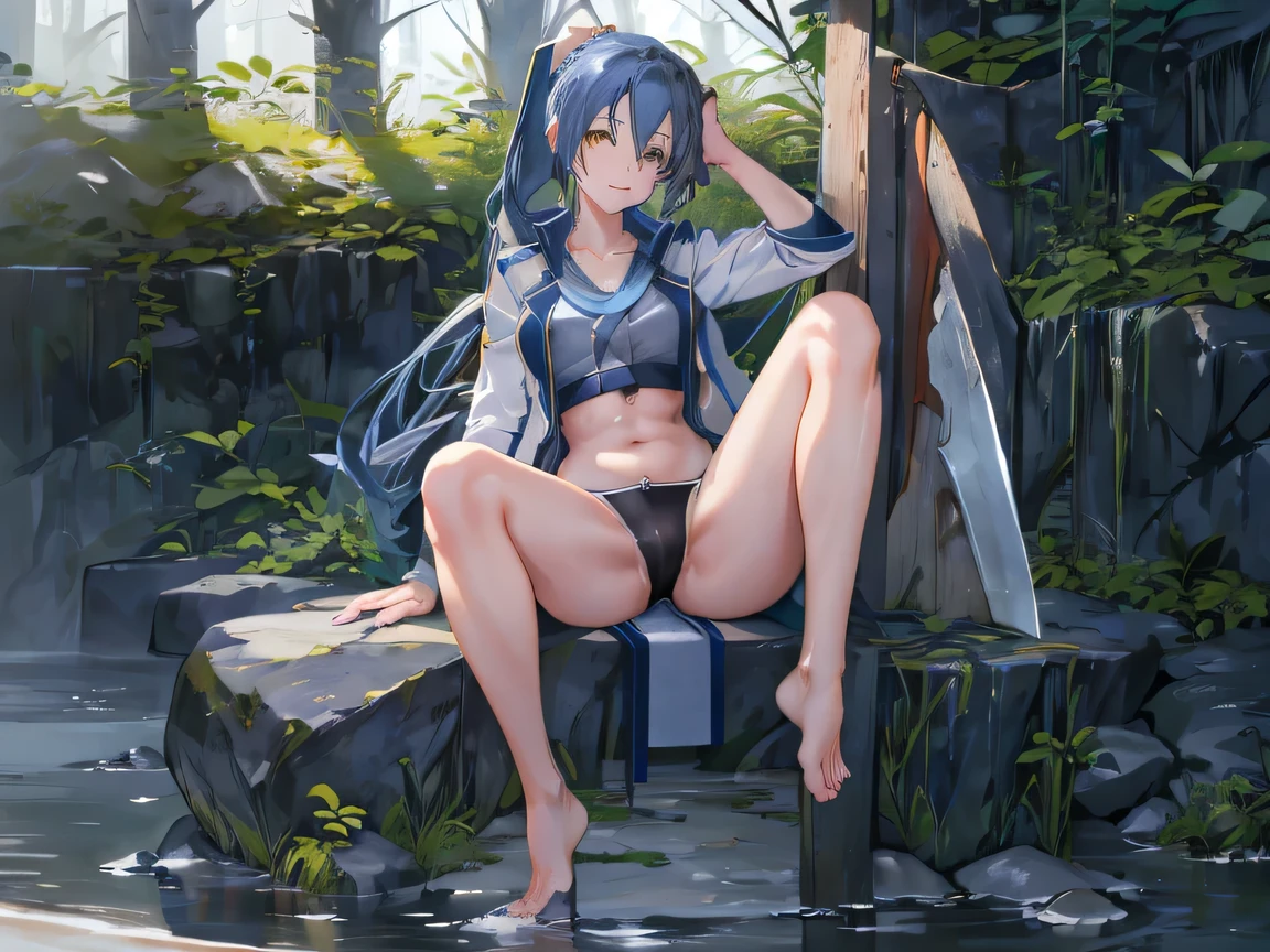 1girl, Laura_S_Arseid_/(sen_no_kiseki/), /(sen_no_kiseki/), laura arseid, laura s. arseid, medium breasts, long hair, ponytail, (blue hair), yellow eyes, seductive smile, beautiful forest, bikini, one hand on hip, white coat, unzipped coat, slim body, bare legs, bare feet, expose thong, sitting on a rock, midriff, huge sword, (masterpiece), (best quality), (absurdres), (high-res), (perfect anatomy), (4k), (detailed body), (detailed hair)