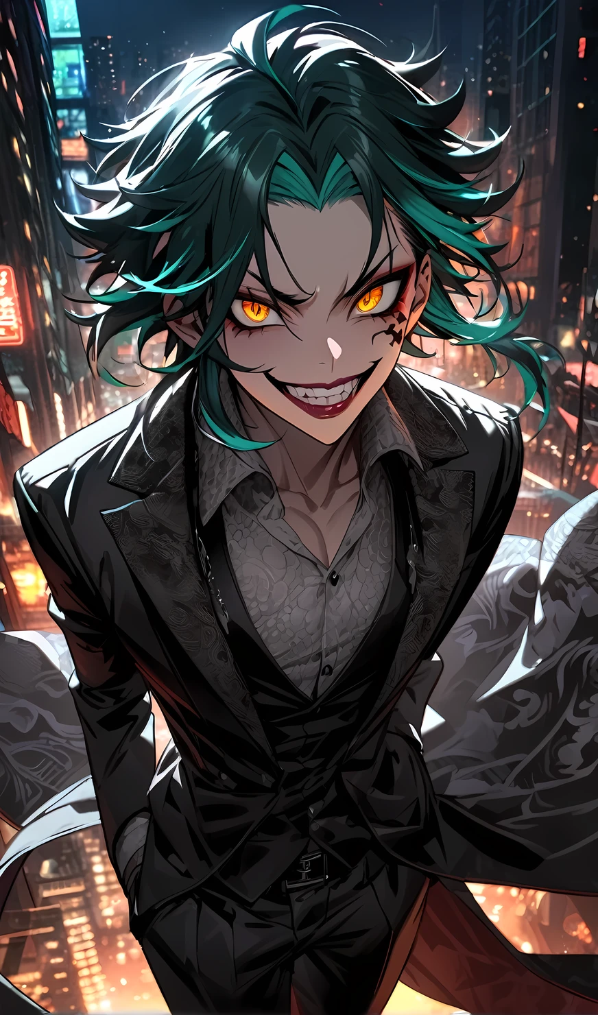 Xiao,solo,1 man,tattoo, mafia boss, (wear mafia clothes:1.5), crazy smile, evil aura, villain,night city, ultra-detailed,beautiful detailed eyes,beautiful detailed lips,extremely detailed eyes and face,