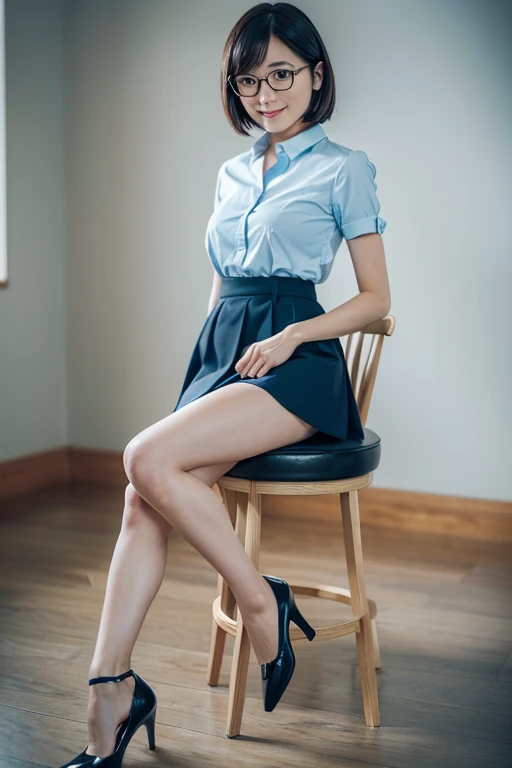 ((Never generate NSFW images.)), (Never create obscene images.), (best quality,8k,high resolution,masterpiece), (ultra-detailed,realistic),(Generate the image of her face with particular attention to detail.),
((You can see her whole body.)), (Generate an image of her from toe to head.), ((She is sitting politely on a chair.)),
(1woman), (looking at viewer),
(A Japanese woman, 30 years old and 155cm tall.),
(she has short hair style), (Her short hairstyle is neat, elegant and well-groomed.),
(she wears glasses), (Her glasses are Wellington-shaped with black cell frames.),
(she is wearing a light blue shirt), (Her shirt is light blue with a collar, neatly tailored, and very refined.),
(she is wearing a navy blue miniskirt), (Her skirt is an elegant navy blue mini skirt with flared hem.),
(She is wearing a light blue panties), (Her panties are light blue, neat and elegant.),
((she is wearing navy blue ankle strap pumps)), (Her ankle-strap pumps are navy blue and elegant.),
(Generate detailed images, especially of the eyes), (She looks at me with kind and caring eyes.),
(Her impression is very pure, incredibly gentle, and remarkably serene. Her smile overflows with kindness.),