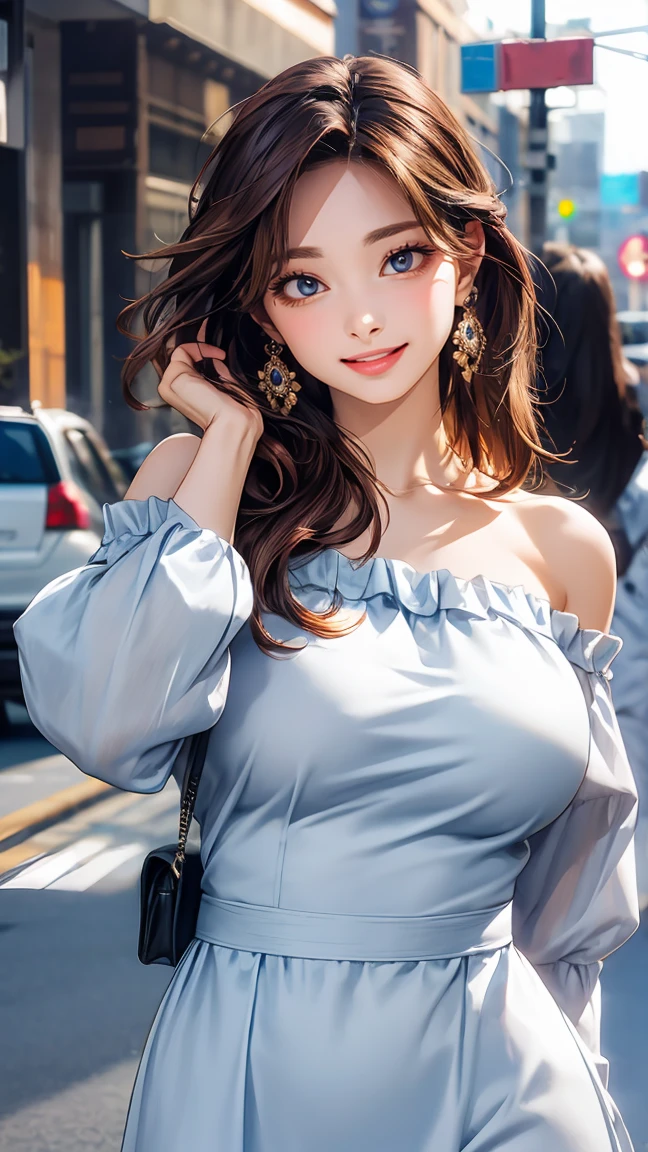 best quality, photorealistic, beautiful woman, perfect body, large breasts, off shoulder minidress, city streets, pose, elaborate details, vibrant