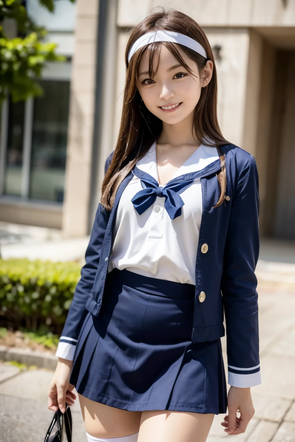 Body eight times longer than head, (High quality CG Unity 8k), (highest quality)，(Very detailed)，(Ultra-high resolution), Black Hair, Sailor suit, Navy blue sailor suit, High school girl wearing a sailor suit, Dark Blue Skirt, Anime 2D Rendering, Realistic youth , ((White headband)), Small breasts, expensive, Slanted Eyes, (School Scene), Black Stockings, Daytime, Please open your mouth a little, smile, Straight hair, Long Hair, Detailed view of the face, Small face, 