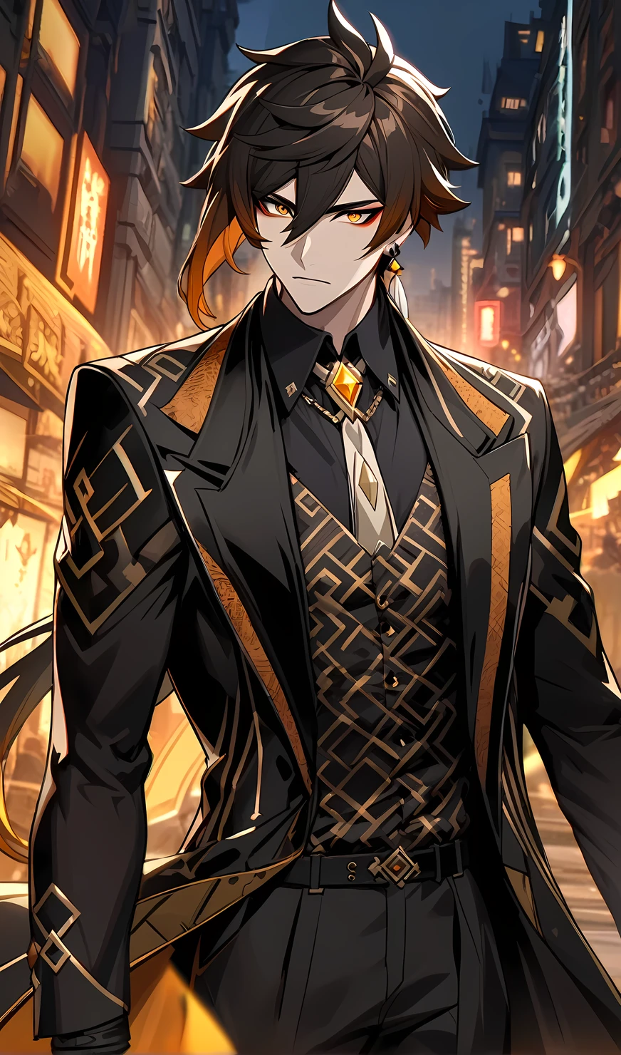 Zhongli from genshin impact, solo,1 man,tattoo, mafia boss, (wear mafia clothes:1.5), evil aura, villain,night city, ultra-detailed,beautiful detailed eyes,extremely detailed eyes and face,
