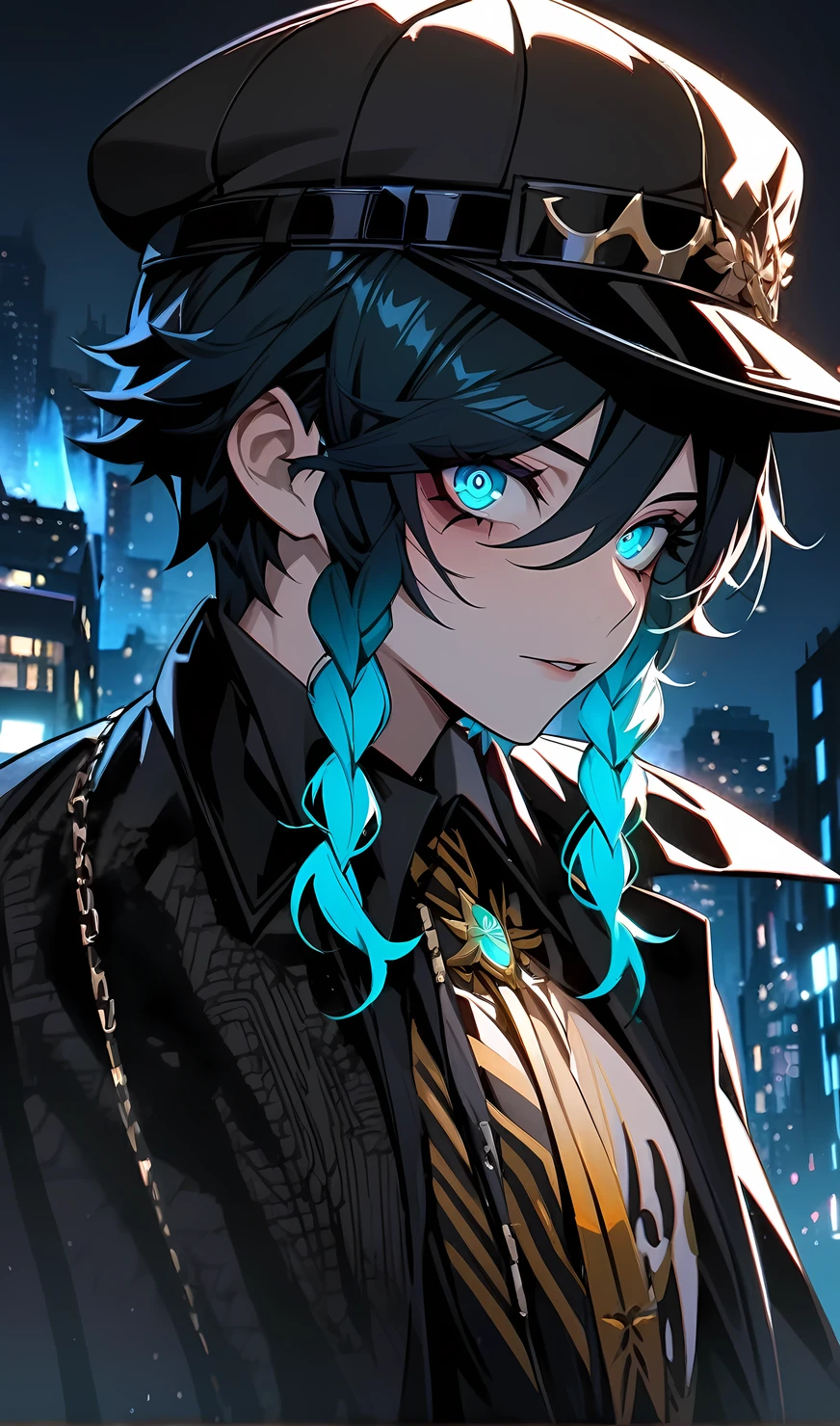 Venti from genshin impact, solo,1 man,tattoo, mafia boss, (wear mafia clothes:1.5), evil aura, villain,night city, ultra-detailed,beautiful detailed eyes,extremely detailed eyes and face,