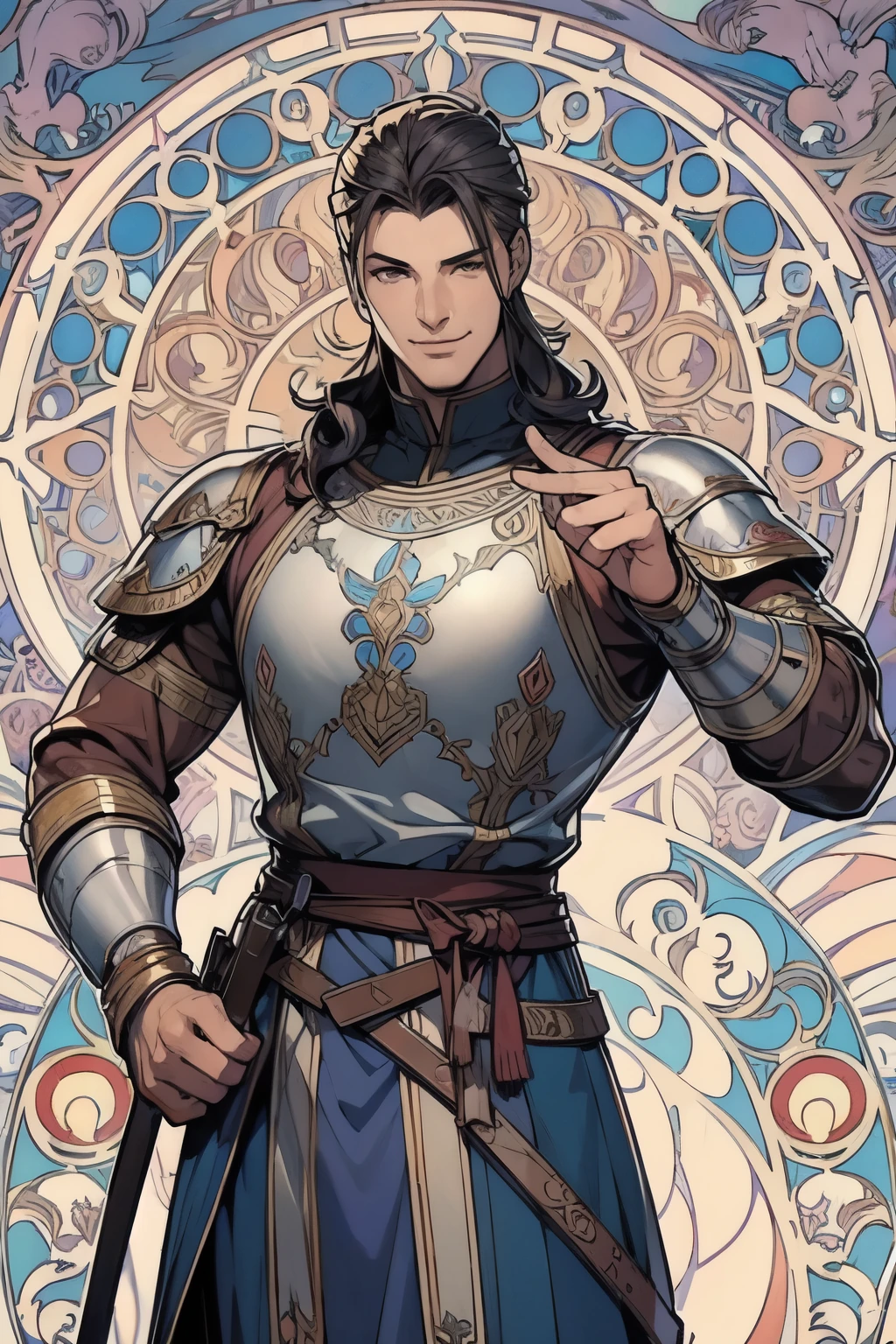 muscular man with a full view,poses,Arcaniic smile,bule hair (Medieval soldier),(Mucha in the background)