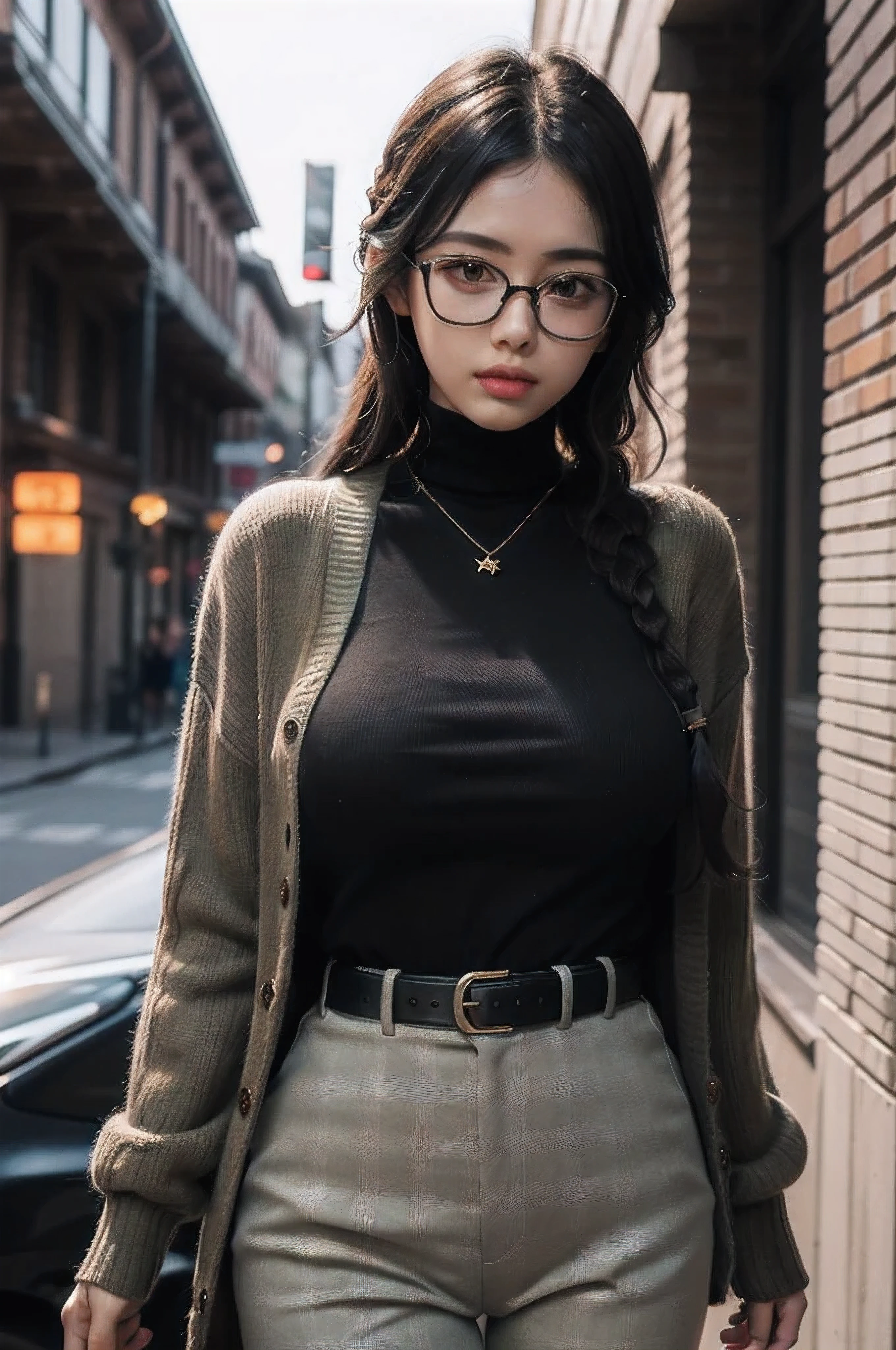 (masterpiece1.5),adult lady,Huge breasts,Solo,(((braid))), Long hair, half-opened mouth,(Red Frame Glasses),(Black hair), (large eyes with double eyelids),(Thick lip),(lofty nose),(High gauge (tight fitted:1.1) (Black:1.3) turtle neck:1.1), (Tuck-in:1.3), (Orange Cardigan:1.2), (checkered (Dark olive green) Tapered pants:1.3), Dark brown belt, Gold necklace, (Dark brown:1.1) lowfers,Nice backgrounds for your subject、beatiful backgrounds、spot light、Vibrant colors、(((Detailed drawing)))、Perfect Beautiful Girl