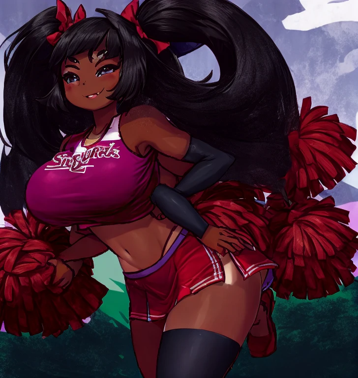 (Muffet), beautiful,masterpiece, (smir),((gigantic breasts)),smile,best quality, solid pink crop top, outdoors,sunny,(1girl:1.3), wide hips, loose top, teen girl, hyper realistic, ((cheerleader)), bending forward, partially breasts, boob window, volleyball size breasts, Slutty, slutty expression