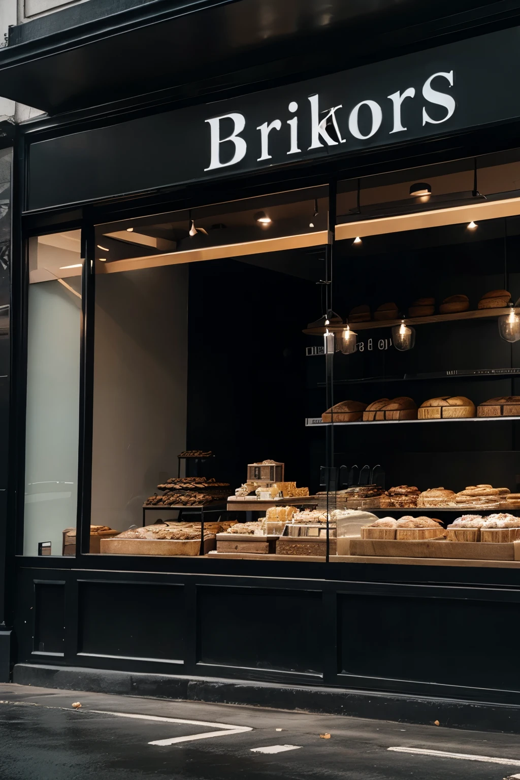 a black themed bakery storefront with no text