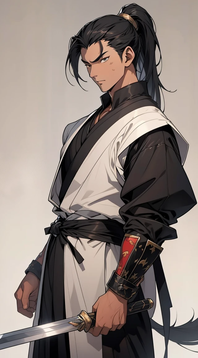 Two dimensions，anime style，one person（male warrior），proportions are correct，facial details，swordsman，high ponytail hairstyle，neck detail，Have an Adam&#39;s apple，Black and gold robe，joke，Black and gold robe，clothing details，Handing over，long sleeves，Game quality，fencing，Ray tracing，Ray tracing，Detailed glow，CG rendering，hair details，Long black and blond hair，Black-gold eyes，Handsome，Handsome，（Youthful feeling），Clothing is complicated，Perfect composition，refine，high quality，higher detailany details，Complex background，a sense of atmosphere，