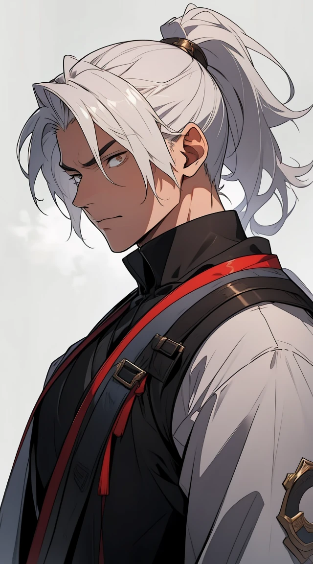 Two dimensions,anime style,one person(male warrior),proportions are correct,facial details,swordsman,high ponytail hairstyle,neck detail,Have an Adam's apple,Black and gold robe,joke,Black and gold robe,clothing details,Handing over,long sleeves,Game quality,fencing,Ray tracing,Ray tracing,Detailed glow,CG rendering,hair details,Long black and blond hair,Black-gold eyes,Handsome,Handsome,(Youthful feeling),Clothing is complicated,Perfect composition,refine,high quality,higher detailany details,Complex background,a sense of atmosphere,