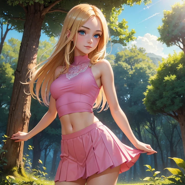 (masterpiece, best quality:1.4), (8K), Young blonde beauty, (((18 years old, neat girl))), detailed blue eyes, long eyelashes, blush, kind smile, upper body, bikini, small ass, slender thin legs, pink skirt, (looking at viewer), beautiful blonde hair, white-skinned, long hair, bangs, (medium size breasts), (mushroom forest, celestial forest, beautiful and magnificent pink sunshine, majestic sky), colorful natural light)