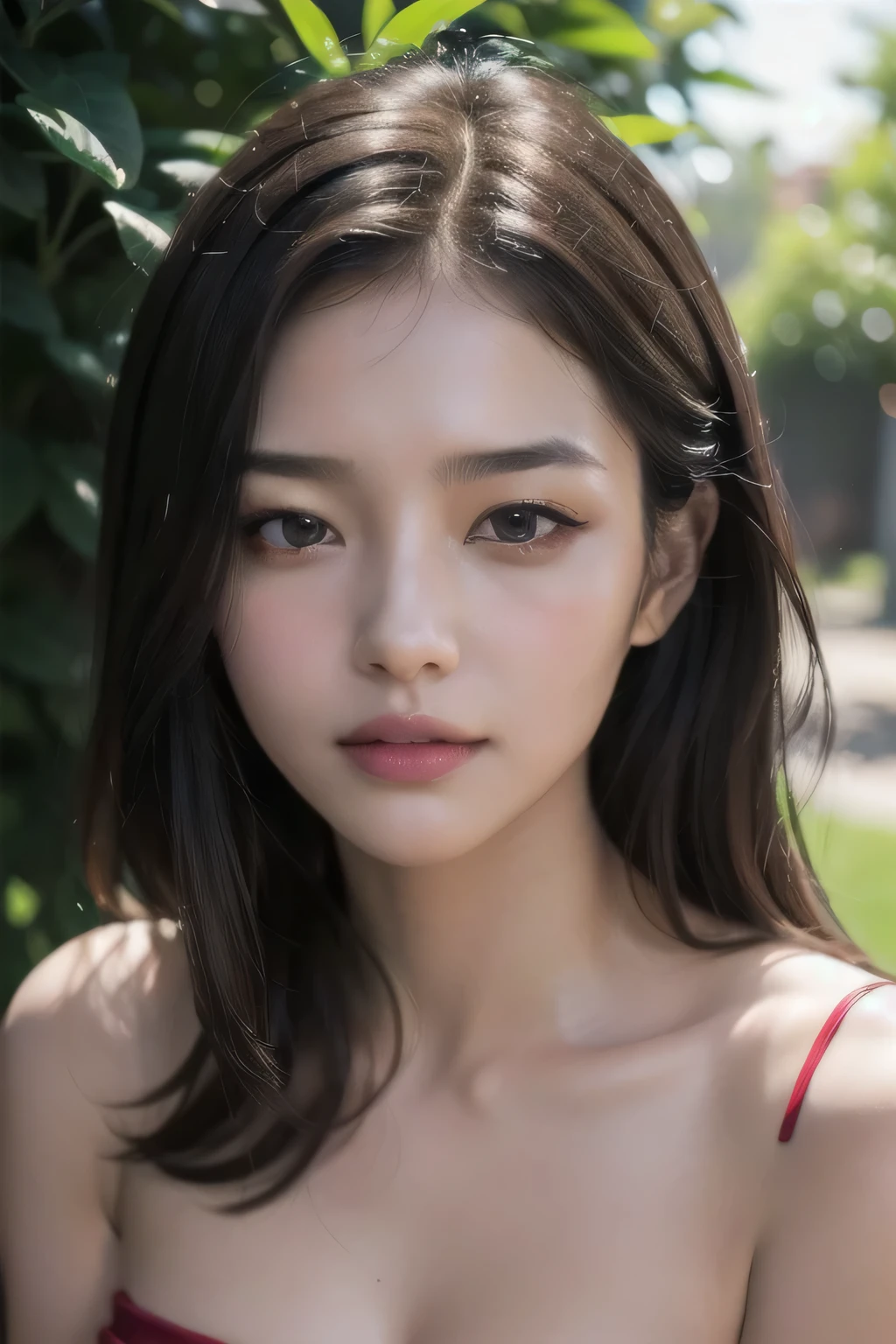(best quality,4k,8k,highres,masterpiece:1.2),ultra-detailed,(realistic,photorealistic,photo-realistic:1.37),woman,exquisite features,beautiful detailed eyes,beautiful detailed lips,long dark hair,scarlet attire,garden setting,soft sunlight,graceful posture,elegant movement,vibrant colors,contrast lighting,romantic atmosphere,portrait style,subtle shadows,rich textures,lush greenery,soothing ambiance,delicate facial features,perfect skin complexion,passionate expression,fine brushstrokes,meticulous attention to detail,subtle highlights,finely crafted jewelry,serene facial expression,alluring gaze,red lipstick,playful smile,graceful gestures,flowing dress,flowery backdrop,artistic composition,aesthetic appeal,eye-catching vibrancy,impeccable fashion sense,dramatic lighting,expressive eyes,subtle blush,HDR,professional composition,vivid red color,stylish appearance,striking beauty,garden scenery,alluring charm