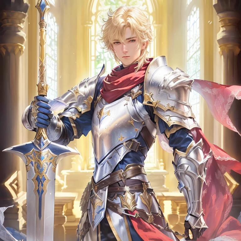 dressed in armor with sword and shield in a castle, male paladin, a human male paladin, casimir art, granblue fantasy, portrait of magical blond prince, picture of a male cleric, beautiful androgynous prince, crisp clear rpg portrait, full portrait of magical knight