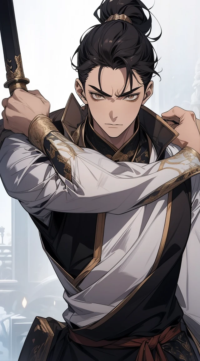 Two dimensions,anime style,one person(male warrior),proportions are correct,facial details,swordsman,high ponytail hairstyle,neck detail,Have an Adam's apple,Black and gold robe,joke,Black and gold robe,clothing details,Handing over,long sleeves,Game quality,fencing,Ray tracing,Ray tracing,Detailed glow,CG rendering,hair details,Long black and blond hair,Black-gold eyes,Handsome,Handsome,(Youthful feeling),Clothing is complicated,Perfect composition,refine,high quality,higher detailany details,Complex background,a sense of atmosphere,