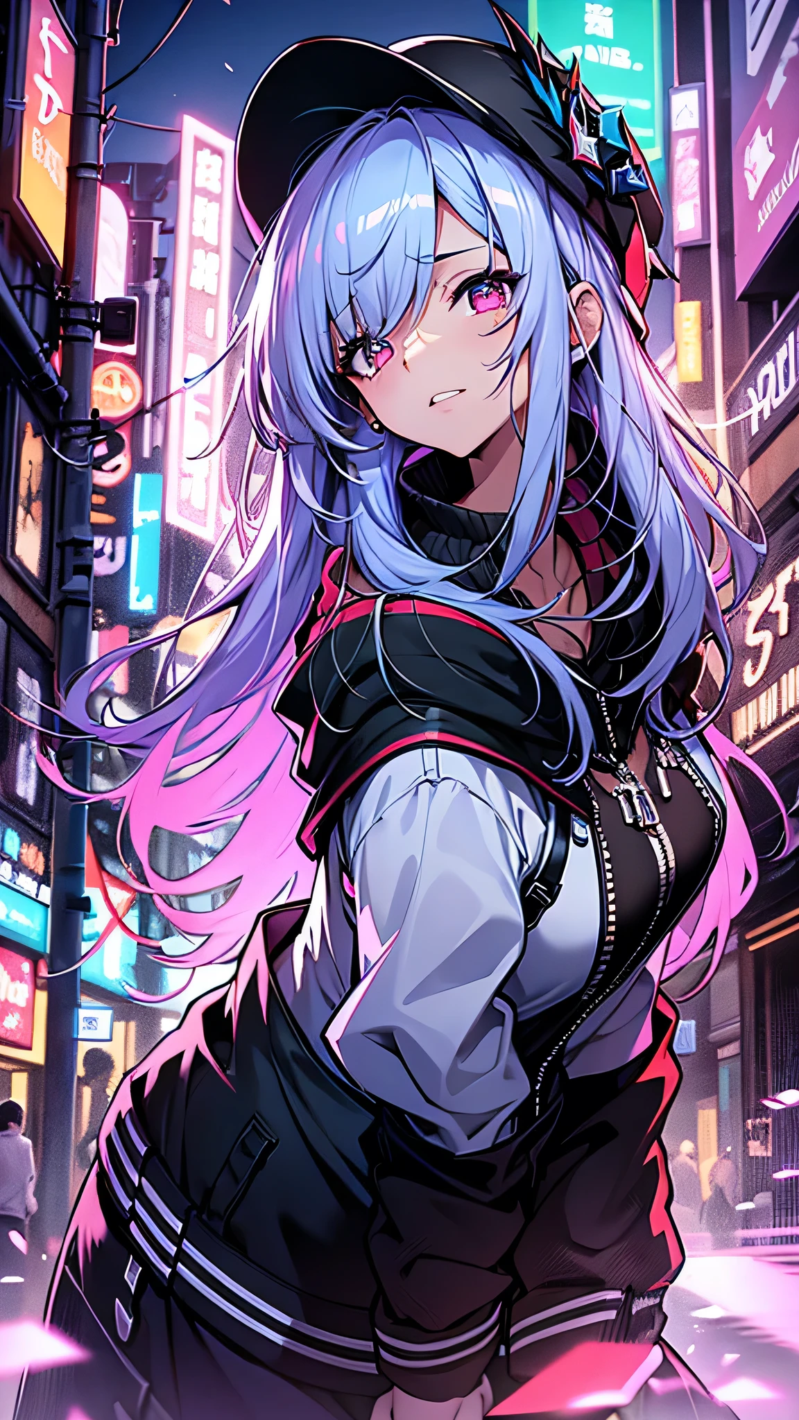 最high quality、Best image quality、masterpiece、girl((18-year-old、 By becoming、Best Bust、Medium Bust,Wide open breast tea、Red glowing eyes,Silver Hair、Disheveled Hair、Long Hair、thin,The highest valley、Open chest、Luminous Wristbands、hat、hair ornaments、luminous necklace、Black sleeveless hoodie(1:2)、Blue short skirt、Angle from directly above、Disheveled clothing、Show the whole body,Low - Angle、Hacker-like、sweating、lure)),high quality、Beautiful art、background((Neon Town、Neon Light、Neon rooftop at night))、Flight、Flying debris、Written boundary depth、movie、Visual Arts、Perfect art、8K,Genuine、