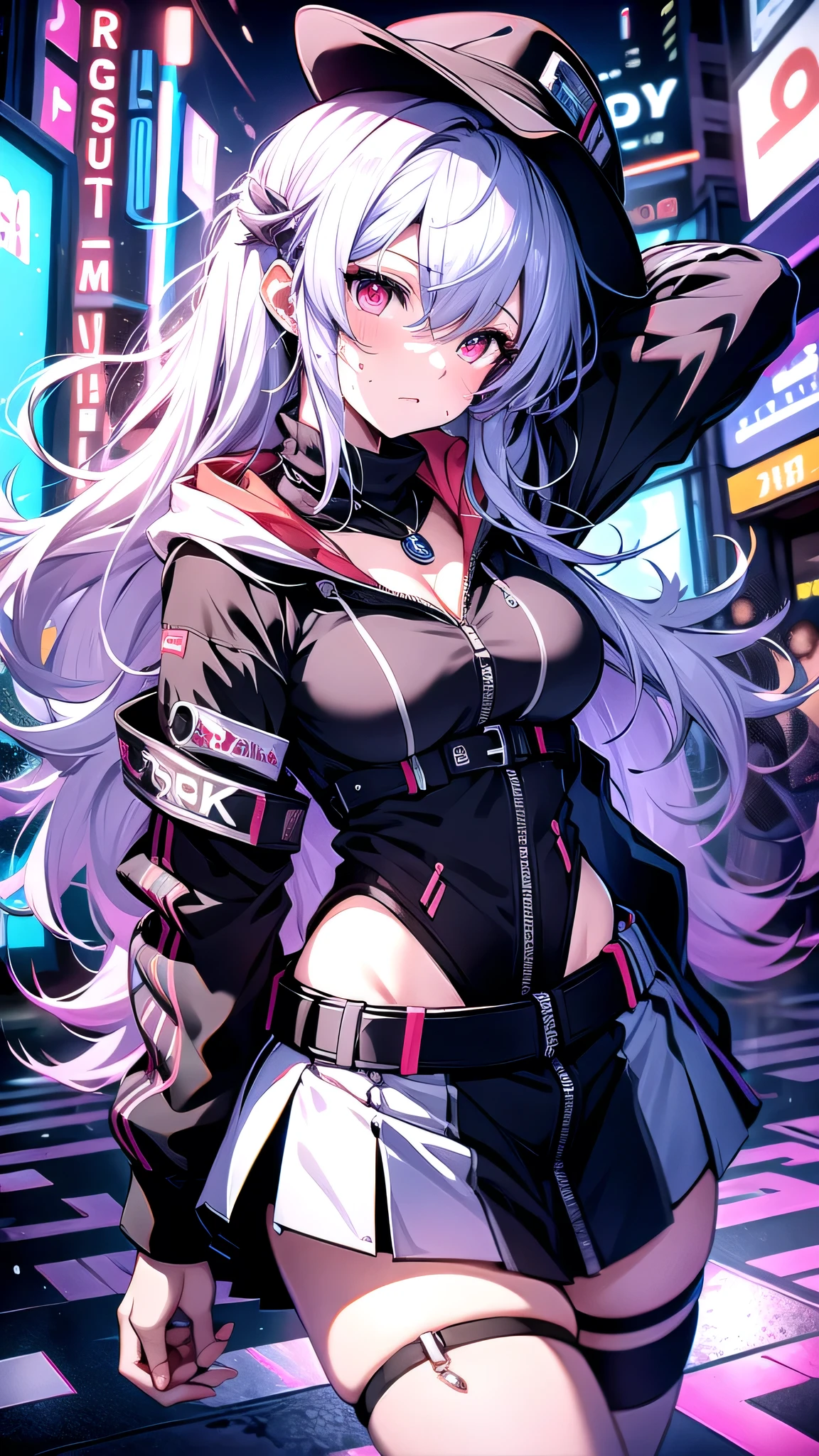 最high quality、best image quality、masterpiece、girl((20-year-old、 By becoming、vest bust、medium bust,wide open breast tea、shining eyes, silver hair、long hair、thin,highest valley、black sports bra、black sports pants、black short skirt、shoulder tattoo,diamond earrings、Wristband、black jacket、necklace、forward leaning movement、move violently)),high quality、beautiful art、background((Virtual space、neon lighting、neon light、Live feeling))、Flight、debris flies、Depth of written boundary、movie、visual art、perfect art、8K,genuine、Dynamic Performance