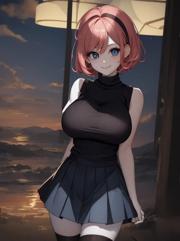 masterpiece, best quality, highres, ((rosa)) \(pokemon\), short hair, blue eyes, 1girl, solo, sleeveless turtleneck, sweater vest, blue skirt, black thighhighs, eyelashes, black sweater, pleated skirt, bangs, turtleneck sweater, smile, hand on hip, hand holding chest, indoors, wide hips, ((gigantic cleavage))