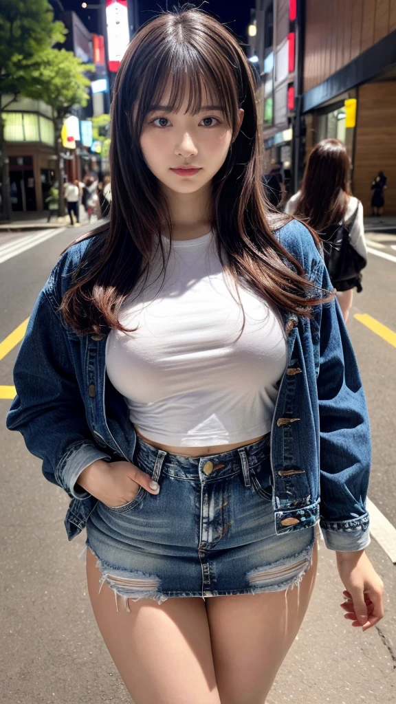 muste piece, best quality, illustration, Super detailed, fine details, High resolution, 8K,wall paper, perfect dynamic composition,(Details High quality, realistic depiction of eyes:1.3), (Fashionable, Denim Jacket, Oversized T-shirt, a denim miniskirt, no hair ornaments), (large breasts), bob hair, black hair color, Big Natural Color Lip, (perfect body shape), crying a little、cold gaze, Harajuku style、20 year old girl、cute type、lolita、beautiful legs, night club, at midnight, Gravure Idol, Voluptuous thighs