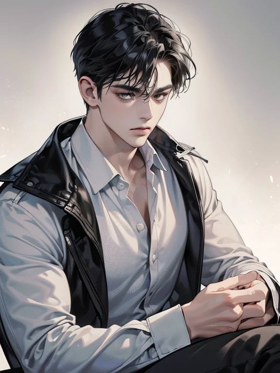 (best quality digital art digital illustration 4k high resolution beautiful image hyper-detailed image perfect lines soft lighting night environment focus face soft zoom) (1:1 photorealistic) (neutral colors hdr 1.4) a young adult man (thoughtful expression) black and white modern clothes black eyes medium black hair