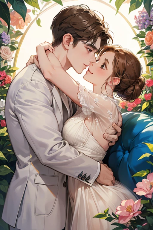 (table top, digital illustration, 4k, 8k, Super detailed, beautiful images, clear image, perfect face, perfect lines, perfect eyes, soft lighting) 1 female, (light brown hair,chignon hair,innocent look,droopy eyebrows,droopy eyes、With a round face,round chin、innocence,cute,Big eyes,natural makeup,smile gently,E cup,23 years old:1.3),Two handsome men in suits, (human,man in suit,muscular,solid shoulder width, boyish hairstyle,A man in his 30s with a cool expression,28 year old man with a bright smile:1.2),garden full of light、lots of flowers、Squirting、colorful flower light,(embarrassing,shy smile:1.2),resort sofa,kiss、Couple kiss、romance porn、couple of man and woman hugging each other、