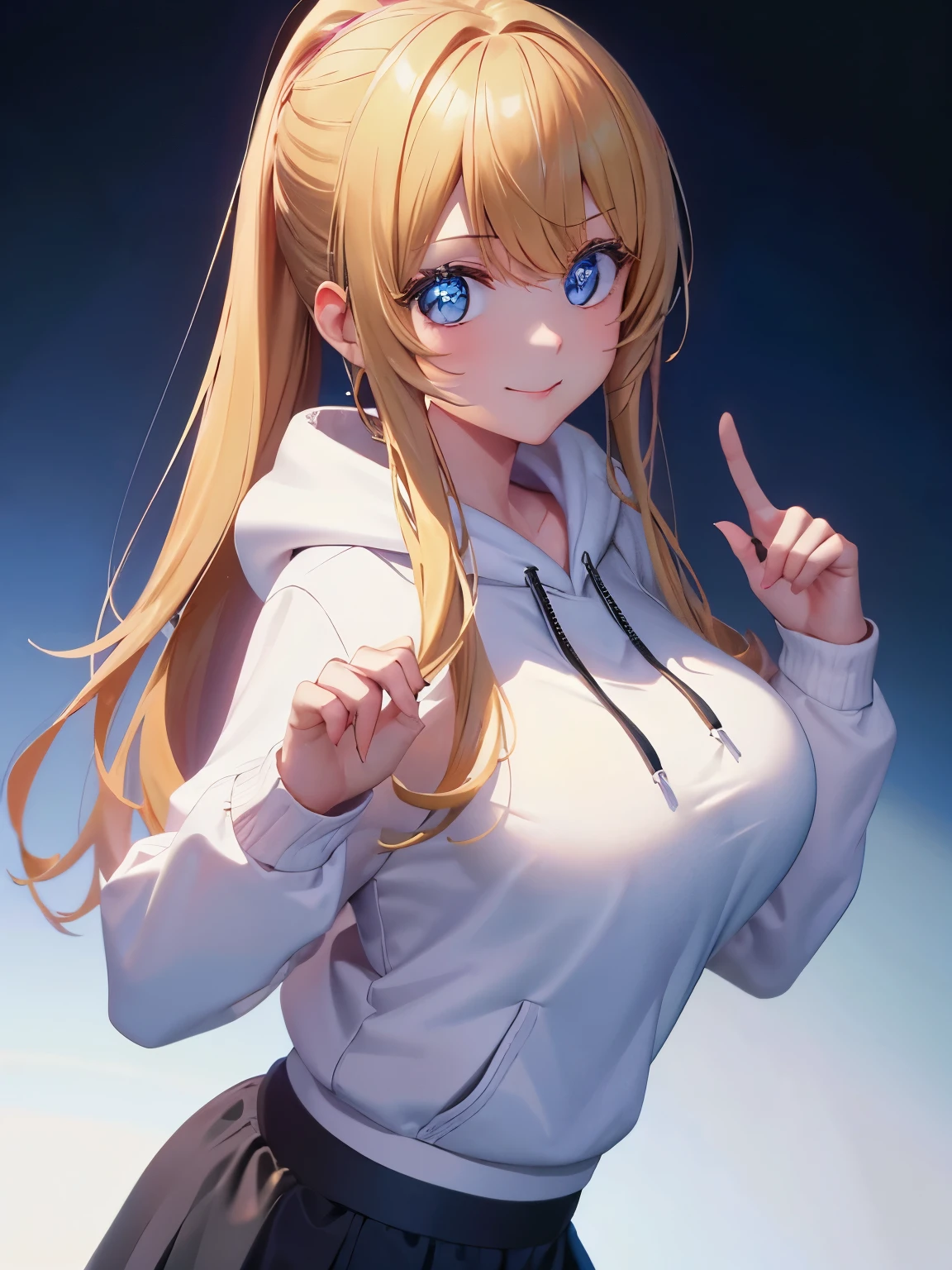 1woman,super beautiful,Stand,Smile, hands forward, hands holding something,,half body photo,Beautiful eyes, very detailed face,cute, tennis skirt,HD face, perfect face, white hoodie,long hoodie,black mini skirt,Very big breasts,Blonde hair,long hair,ponytail,bangs,blue eyes,ultra detail,ultra Hd, masterpiece,4k