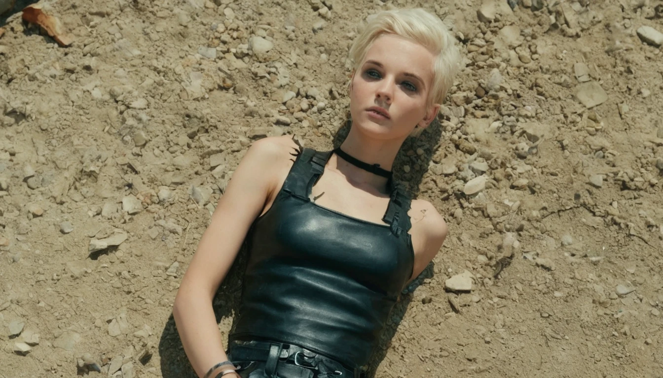 A young zombie girl laying on her back in an apokalyptic wasteland facing the viewer, short platin blonde undercut haircut, strong articulated tanlines, full slightly smiling lips, stupsige Nase. bright blue eyes. thin eyebrows, tiny breast, spread legs, freundlich, worn and torn black leather vest laying behind her as well as her ripped short cutoff black leather skirt, very short socks