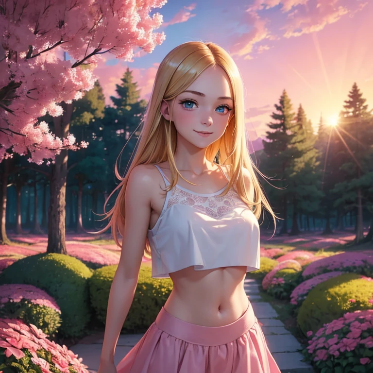 
(masterpiece, best quality:1.4), (8K), Young blonde beauty, slender (((18 years old, neat girl))), detailed blue eyes, long eyelashes, blush, kind smile, topless , small ass, very thin legs, pink skirt (from side) (looking at viewer), beautiful blonde hair, white-skinned, long hair, parted bangs, (small breasts), (mushroom forest, celestial forest, beautiful and magnificent pink sunshine, majestic sky), colorful natural light)